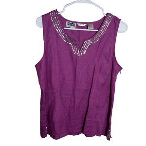 Edward Irish Linen Tank Top Women's Large Purple Sequin Round Neck Tunic